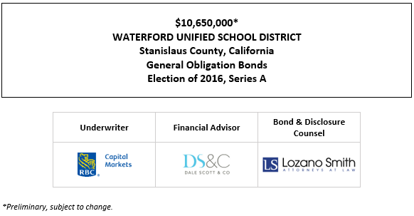 $10,650,000* WATERFORD UNIFIED SCHOOL DISTRICT Stanislaus County, California General Obligation Bonds Election of 2016, Series A POS POSTED 5-18-22