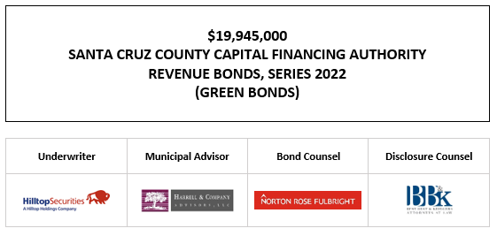 $19,945,000 SANTA CRUZ COUNTY CAPITAL FINANCING AUTHORITY REVENUE BONDS, SERIES 2022 (GREEN BONDS) FOS POSTED 6-22-22
