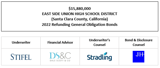 $15,880,000 EAST SIDE UNION HIGH SCHOOL DISTRICT (Santa Clara County, California) 2022 Refunding General Obligation Bonds FOS POSTED 7-14-22