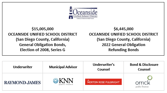 $15,005,000 OCEANSIDE UNIFIED SCHOOL DISTRICT (San Diego County, California) General Obligation Bonds, Election of 2008, Series G $6,445,000 OCEANSIDE UNIFIED SCHOOL DISTRICT (San Diego County, California) 2022 General Obligation Refunding Bonds FOS POSTED 7-20-22