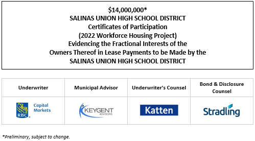 $14,000,000* SALINAS UNION HIGH SCHOOL DISTRICT Certificates of Participation (2022 Workforce Housing Project) Evidencing the Fractional Interests of the Owners Thereof in Lease Payments to be Made by the SALINAS UNION HIGH SCHOOL DISTRICT POS POSTED 7-14-22