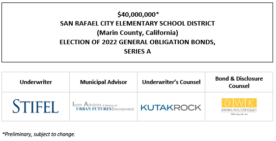 $40,000,000* SAN RAFAEL CITY ELEMENTARY SCHOOL DISTRICT (Marin County, California) ELECTION OF 2022 GENERAL OBLIGATION BONDS, SERIES A POS POSTED 8-31-22