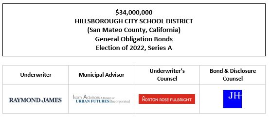 $34,000,000 HILLSBOROUGH CITY SCHOOL DISTRICT (San Mateo County, California) General Obligation Bonds Election of 2022, Series A FOS POSTED 9-7-22