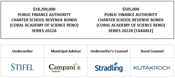 $18,200,000 PUBLIC FINANCE AUTHORITY CHARTER SCHOOL REVENUE BONDS (CORAL ACADEMY OF SCIENCE RENO) SERIES 2022A $505,000 PUBLIC FINANCE AUTHORITY CHARTER SCHOOL REVENUE BONDS (CORAL ACADEMY OF SCIENCE RENO) SERIES 2022B (TAXABLE) LOM POSTED 9-12-22