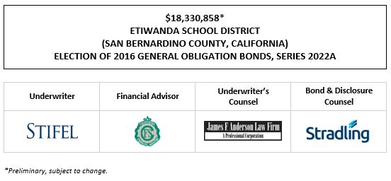 $18,330,858* ETIWANDA SCHOOL DISTRICT (SAN BERNARDINO COUNTY, CALIFORNIA) ELECTION OF 2016 GENERAL OBLIGATION BONDS, SERIES 2022A POS POSTED 9-9-22