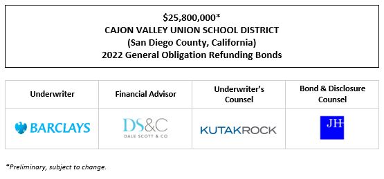 $25,800,000* CAJON VALLEY UNION SCHOOL DISTRICT (San Diego County, California) 2022 General Obligation Refunding Bonds POS POSTED 9-9-22