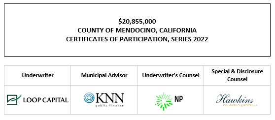 $20,855,000 COUNTY OF MENDOCINO, CALIFORNIA CERTIFICATES OF PARTICIPATION, SERIES 2022 FOS POSTED 9-21-22
