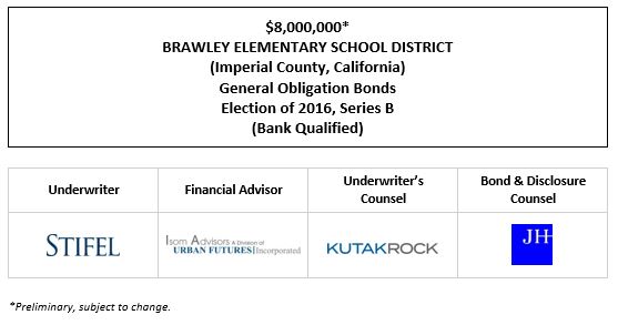 $8,000,000* BRAWLEY ELEMENTARY SCHOOL DISTRICT (Imperial County, California) General Obligation Bonds Election of 2016, Series B (Bank Qualified) POS POSTED 9-14-22