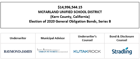 $14,996,544.15 MCFARLAND UNIFIED SCHOOL DISTRICT (Kern County, California) Election of 2020 General Obligation Bonds, Series B FOS POSTED 9-28-22