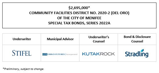 $2,695,000* COMMUNITY FACILITIES DISTRICT NO. 2020-2 (DEL ORO) OF THE CITY OF MENIFEE SPECIAL TAX BONDS, SERIES 2022A POS POSTED 9-22-22