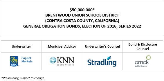 $50,000,000* BRENTWOOD UNION SCHOOL DISTRICT (CONTRA COSTA COUNTY, CALIFORNIA) GENERAL OBLIGATION BONDS, ELECTION OF 2016, SERIES 2022 POS POSTED 9-30-22