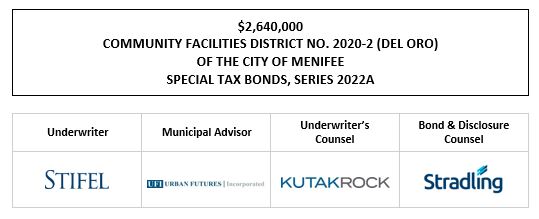 $2,640,000 COMMUNITY FACILITIES DISTRICT NO. 2020-2 (DEL ORO) OF THE CITY OF MENIFEE SPECIAL TAX BONDS, SERIES 2022A FOS POSTED 10-5-22