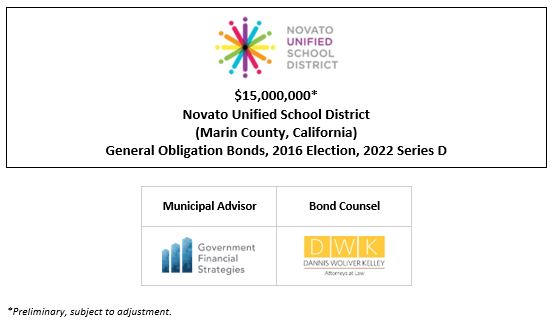 $15,000,000* Novato Unified School District (Marin County, California) General Obligation Bonds, 2016 Election, 2022 Series D POS POSTED 10-4-22