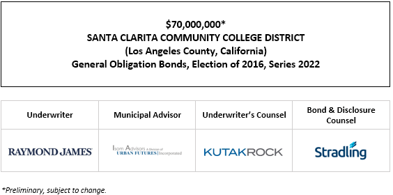 $70,000,000* SANTA CLARITA COMMUNITY COLLEGE DISTRICT (Los Angeles County, California) General Obligation Bonds, Election of 2016, Series 2022 POS POSTED 10-12-22