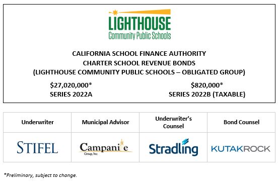 CALIFORNIA SCHOOL FINANCE AUTHORITY CHARTER SCHOOL REVENUE BONDS (LIGHTHOUSE COMMUNITY PUBLIC SCHOOLS – OBLIGATED GROUP) $24,910,000* SERIES 2022A $1,495,000* SERIES 2022B (TAXABLE) PLOM POSTED 10-14-22