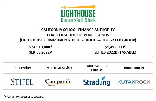 CALIFORNIA SCHOOL FINANCE AUTHORITY CHARTER SCHOOL REVENUE BONDS (LIGHTHOUSE COMMUNITY PUBLIC SCHOOLS – OBLIGATED GROUP)  $24,910,000* SERIES 2022A $1,495,000* SERIES 2022B (TAXABLE) PLOM + INVESTOR PRESENTATION POSTED 10-17-22