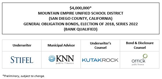 $4,000,000* MOUNTAIN EMPIRE UNIFIED SCHOOL DISTRICT (SAN DIEGO COUNTY, CALIFORNIA) GENERAL OBLIGATION BONDS, ELECTION OF 2018, SERIES 2022 (BANK QUALIFIED) POS POSTED 10-21-22