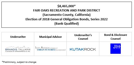 $8,465,000* FAIR OAKS RECREATION AND PARK DISTRICT (Sacramento County, California) Election of 2018 General Obligation Bonds, Series 2022 (Bank Qualified) POS POSTED 10-26-22