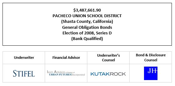 $3,487,661.90 PACHECO UNION SCHOOL DISTRICT (Shasta County, California) General Obligation Bonds Election of 2008, Series D (Bank Qualified) FOS POSTED 11-22-22