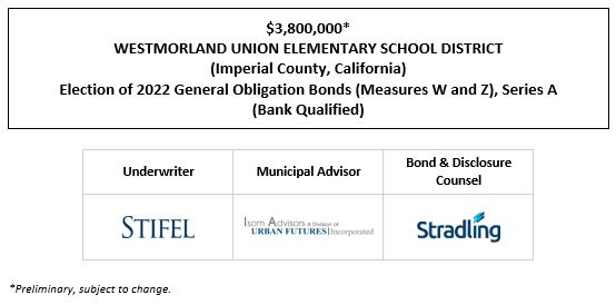 $3,800,000* WESTMORLAND UNION ELEMENTARY SCHOOL DISTRICT (Imperial County, California) Election of 2022 General Obligation Bonds (Measures W and Z), Series A (Bank Qualified POS POSTED 11-10-22