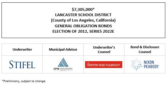 $7,305,000* LANCASTER SCHOOL DISTRICT (County of Los Angeles, California) GENERAL OBLIGATION BONDS ELECTION OF 2012, SERIES 2022E POS POSTED 11-17-22