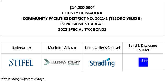 $14,000,000* COUNTY OF MADERA COMMUNITY FACILITIES DISTRICT NO. 2021-1 (TESORO VIEJO II) IMPROVEMENT AREA 1 2022 SPECIAL TAX BONDS POS POSTED 11-17-22