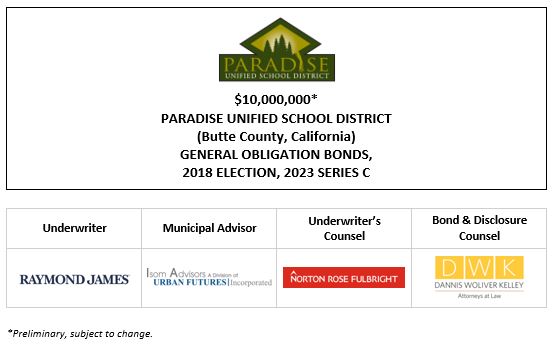 $10,000,000* PARADISE UNIFIED SCHOOL DISTRICT (Butte County, California) GENERAL OBLIGATION BONDS, 2018 ELECTION, 2023 SERIES C POS POSTED 11-30-22