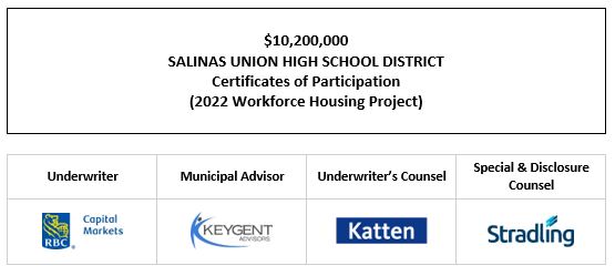 $10,200,000 SALINAS UNION HIGH SCHOOL DISTRICT Certificates of Participation (2022 Workforce Housing Project) Evidencing the Fractional Interests of the Owners Thereof in Lease Payments to be Made by the SALINAS UNION HIGH SCHOOL DISTRICT FOS 12-7-22