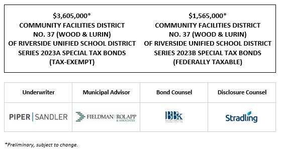 $3,605,000* COMMUNITY FACILITIES DISTRICT NO. 37 (WOOD & LURIN) OF RIVERSIDE UNIFIED SCHOOL DISTRICT SERIES 2023A SPECIAL TAX BONDS (TAX-EXEMPT) $1,565,000* COMMUNITY FACILITIES DISTRICT NO. 37 (WOOD & LURIN) OF RIVERSIDE UNIFIED SCHOOL DISTRICT SERIES 2023B SPECIAL TAX BONDS (FEDERALLY TAXABLE) POS POSTED 1-13-23