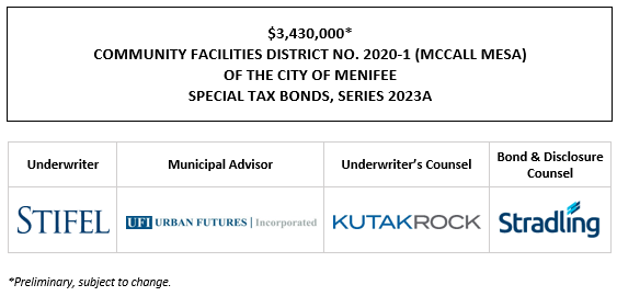 $3,430,000* COMMUNITY FACILITIES DISTRICT NO. 2020-1 (MCCALL MESA) OF THE CITY OF MENIFEE SPECIAL TAX BONDS, SERIES 2023A POS POSTED 1-19-23