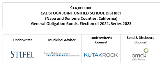 $14,000,000 CALISTOGA JOINT UNIFIED SCHOOL DISTRICT (Napa and Sonoma Counties, California) General Obligation Bonds, Election of 2022, Series 2023 FOS POSTED 2-14-23