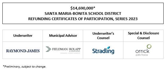 $14,690,000* SANTA MARIA-BONITA SCHOOL DISTRICT REFUNDING CERTIFICATES OF PARTICIPATION, SERIES 2023 POS POSTED 2-1-23