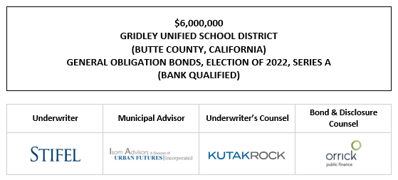 $6,000,000 GRIDLEY UNIFIED SCHOOL DISTRICT (BUTTE COUNTY, CALIFORNIA) GENERAL OBLIGATION BONDS, ELECTION OF 2022, SERIES A (BANK QUALIFIED) FOS POSTED 2-16-23