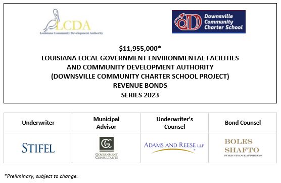$11,955,000* LOUISIANA LOCAL GOVERNMENT ENVIRONMENTAL FACILITIES AND COMMUNITY DEVELOPMENT AUTHORITY (DOWNSVILLE COMMUNITY CHARTER SCHOOL PROJECT) REVENUE BONDS SERIES 2023 PLOM + INVESTOR PRESENTATION POSTED 2-8-23
