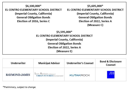$6,100,000* EL CENTRO ELEMENTARY SCHOOL DISTRICT (Imperial County, California) General Obligation Bonds Election of 2016, Series C $5,605,000* EL CENTRO ELEMENTARY SCHOOL DISTRICT (Imperial County, California) General Obligation Bonds Election of 2022, Series A (Measure C) $5,595,000* EL CENTRO ELEMENTARY SCHOOL DISTRICT (Imperial County, California) General Obligation Bonds Election of 2022, Series A (Measure E) POS POSTED 2-7-23