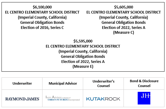 $6,100,000 EL CENTRO ELEMENTARY SCHOOL DISTRICT (Imperial County, California) General Obligation Bonds Election of 2016, Series C $5,605,000 EL CENTRO ELEMENTARY SCHOOL DISTRICT (Imperial County, California) General Obligation Bonds Election of 2022, Series A (Measure C) $5,595,000 EL CENTRO ELEMENTARY SCHOOL DISTRICT (Imperial County, California) General Obligation Bonds Election of 2022, Series A (Measure E) FOS POSTED 2-24-23
