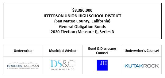 $8,390,000 JEFFERSON UNION HIGH SCHOOL DISTRICT (San Mateo County, California) General Obligation Bonds 2020 Election (Measure J), Series B FOS POSTED 2-22-23