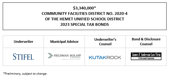 $3,340,000* COMMUNITY FACILITIES DISTRICT NO. 2020-4 OF THE HEMET UNIFIED SCHOOL DISTRICT 2023 SPECIAL TAX BONDS POS POSTED 2-16-23