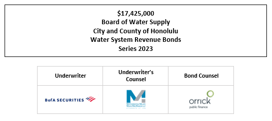 $17,425,000 Board of Water Supply City and County of Honolulu Water System Revenue Bonds Series 2023 FOS POSTED 3-16-23