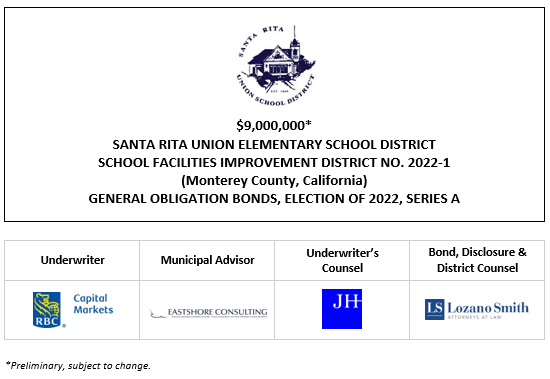 $9,000,000* SANTA RITA UNION ELEMENTARY SCHOOL DISTRICT SCHOOL FACILITIES IMPROVEMENT DISTRICT NO. 2022-1 (Monterey County, California) GENERAL OBLIGATION BONDS, ELECTION OF 2022, SERIES A POS POSTED 3-28-23