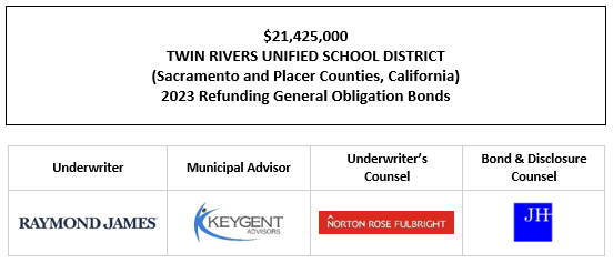 $21,425,000 TWIN RIVERS UNIFIED SCHOOL DISTRICT (Sacramento and Placer Counties, California) 2023 Refunding General Obligation Bonds FOS POSTED 4-3-23