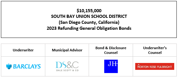 $10,155,000 SOUTH BAY UNION SCHOOL DISTRICT (San Diego County, California) 2023 Refunding General Obligation Bonds FOS POSTED 4-19-23