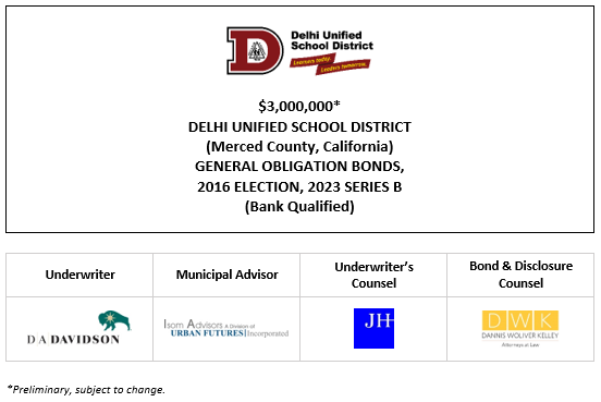 $3,000,000* DELHI UNIFIED SCHOOL DISTRICT (Merced County, California) GENERAL OBLIGATION BONDS, 2016 ELECTION, 2023 SERIES B (Bank Qualified) POS POSTED 4-12-23
