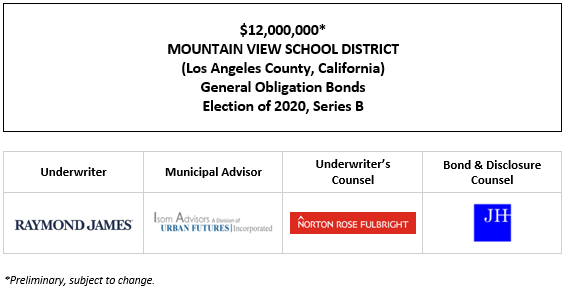 $12,000,000* MOUNTAIN VIEW SCHOOL DISTRICT (Los Angeles County, California) General Obligation Bonds Election of 2020, Series B POS POSTED 4-19-23
