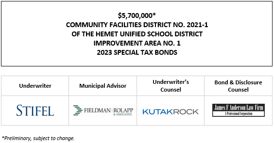 $5,700,000 * COMMUNITY FACILITIES DISTRICT NO. 2021-1 OF THE HEMET UNIFIED SCHOOL DISTRICT IMPROVEMENT AREA NO. 1 2023 SPECIAL TAX BONDS POS POSTED 4-20-23