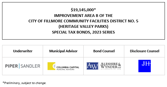 $19,145,000* IMPROVEMENT AREA B OF THE CITY OF FILLMORE COMMUNITY FACILITIES DISTRICT NO. 5 (HERITAGE VALLEY PARKS) SPECIAL TAX BONDS, 2023 SERIES POS + INVESTOR PRESENTATION  POSTED 5-3-23
