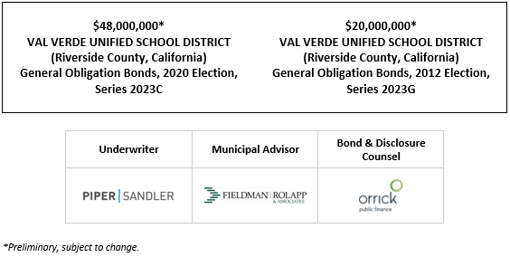 $48,000,000* VAL VERDE UNIFIED SCHOOL DISTRICT (Riverside County, California) General Obligation Bonds, 2020 Election, Series 2023C $20,000,000* VAL VERDE UNIFIED SCHOOL DISTRICT (Riverside County, California) General Obligation Bonds, 2012 Election, Series 2023G POS POSTED 5-3-23