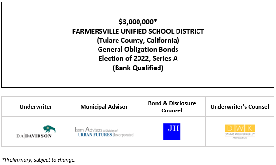 $3,000,000* FARMERSVILLE UNIFIED SCHOOL DISTRICT (Tulare County, California) General Obligation Bonds Election of 2022, Series A (Bank Qualified) POS POSTED 5-3-23
