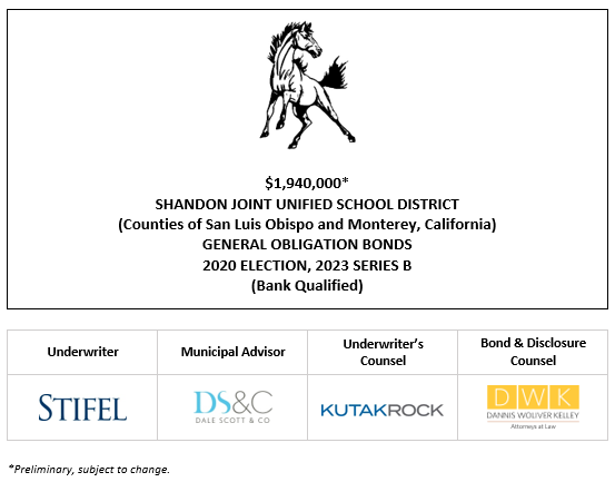 $1,940,000* SHANDON JOINT UNIFIED SCHOOL DISTRICT (Counties of San Luis Obispo and Monterey, California) GENERAL OBLIGATION BONDS 2020 ELECTION, 2023 SERIES B (Bank Qualified POS POSTED 5-4-23