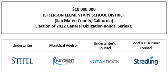 $10,000,000 JEFFERSON ELEMENTARY SCHOOL DISTRICT (San Mateo County, California) Election of 2022 General Obligation Bonds, Series B FOS POSTED 11-14-23